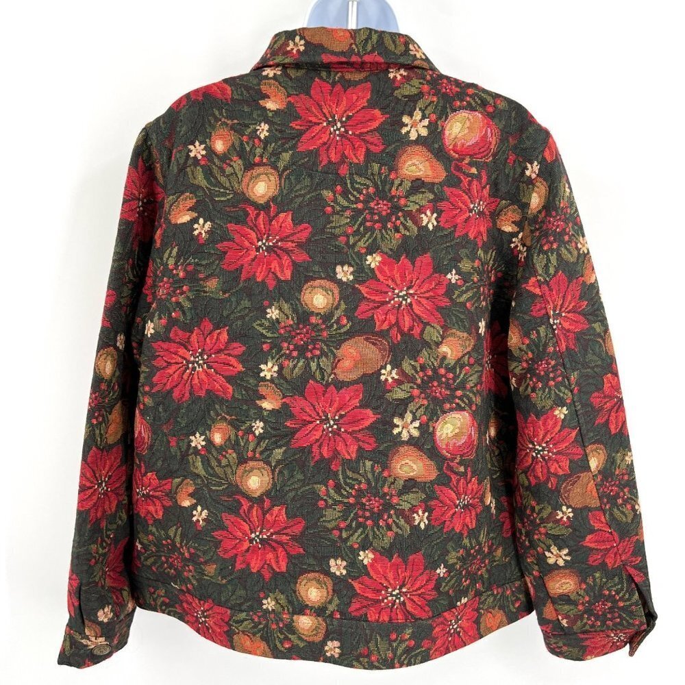Vintage Tapestry Trucker Jacket Poinsettia Christmas Holiday Size PL Grandmacore - Picture 2 of 8